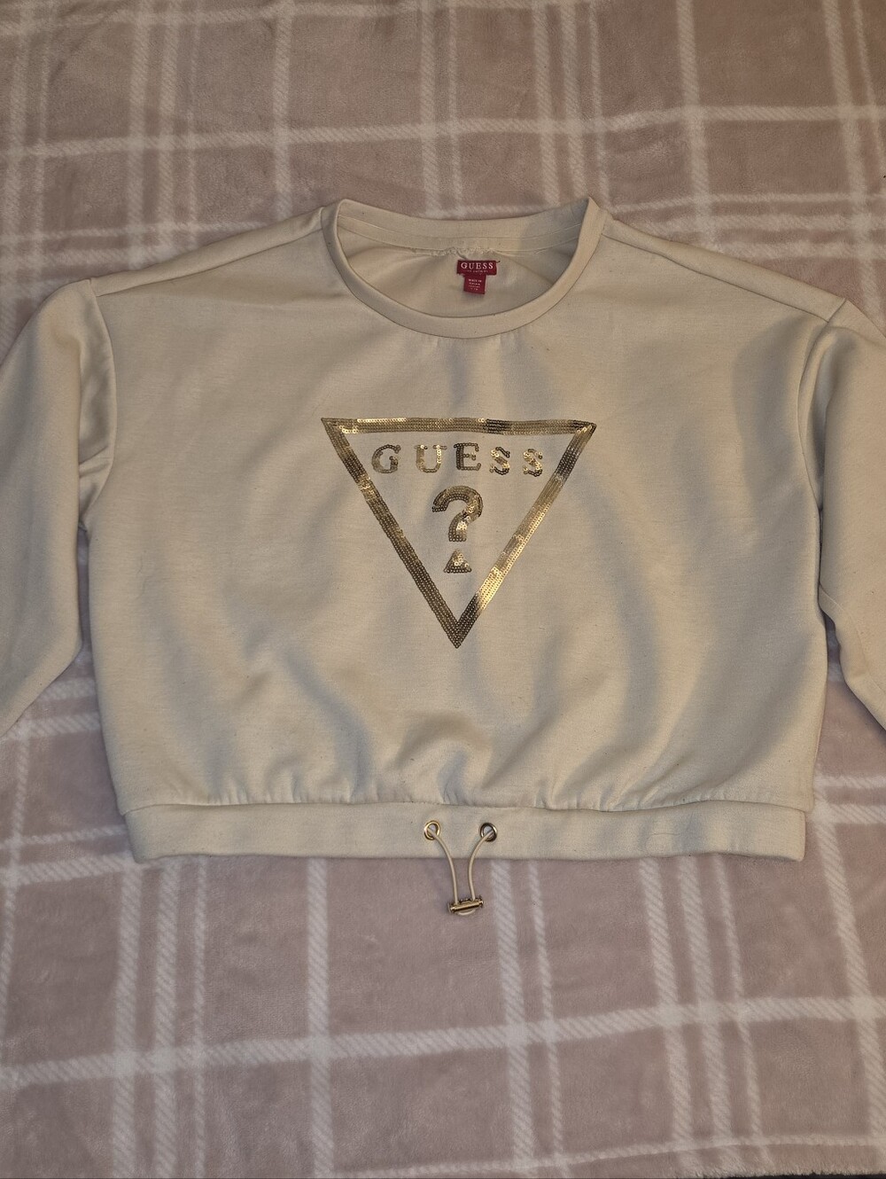 GUESS Off White Cropped Drawstring Sweatshirt - Small